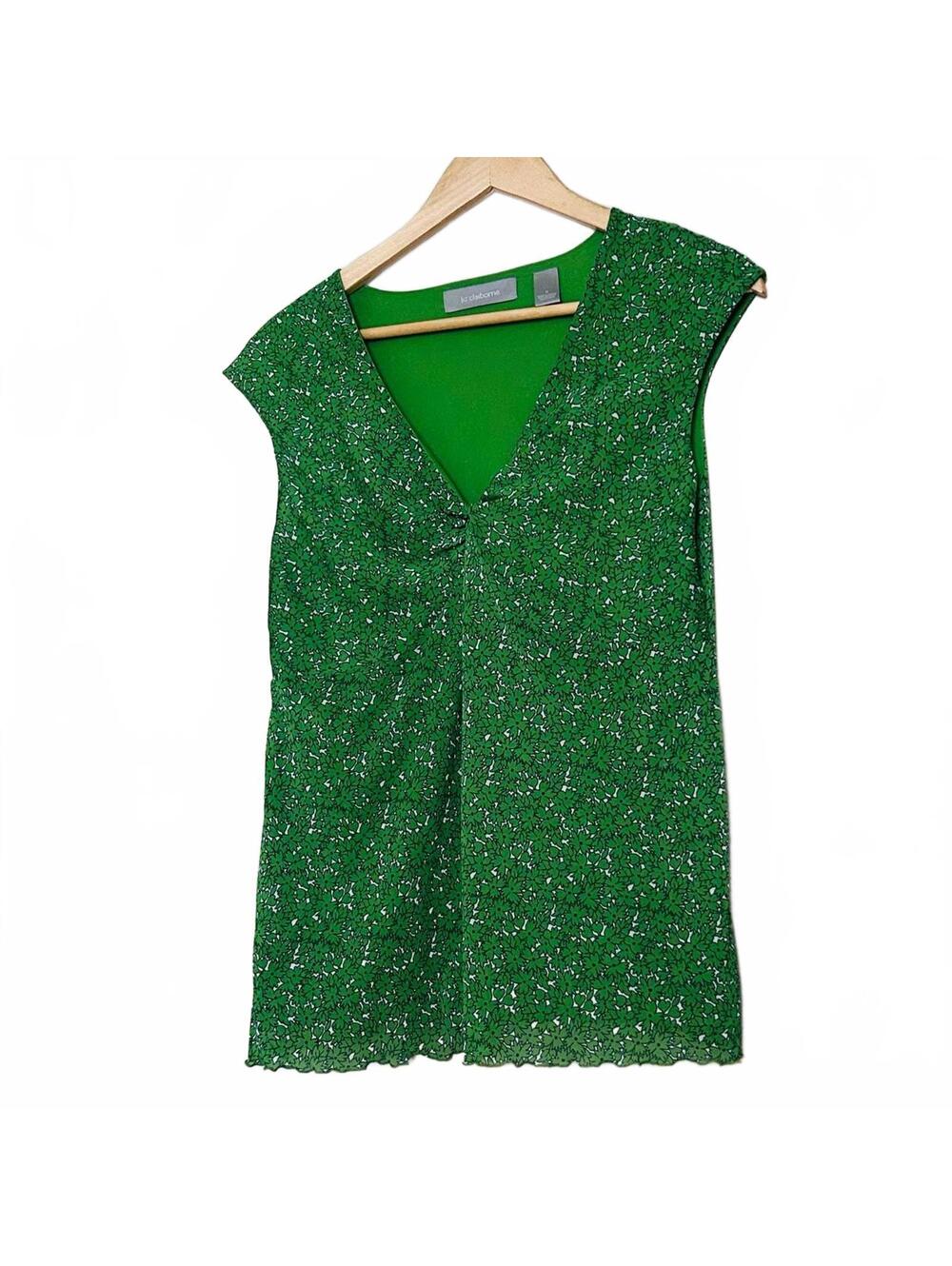 VTG Y2K Liz Claiborne Sleeveless Green White Spring Blouse M V‑Neck Lightweight